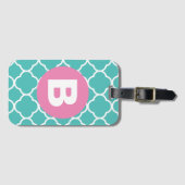 Tekenblauw Quatrefoil Patroon Aangepaste Roze Mono Bagagelabel (Voorkant (horizontaal))