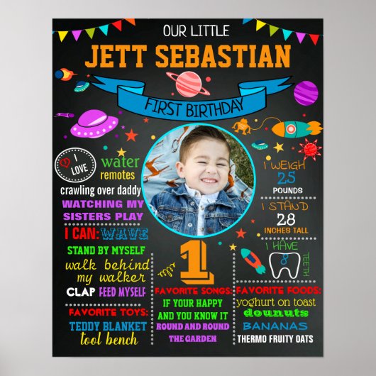 Tekenbord voor eerste verjaardag van de ruimte poster (Voorkant)