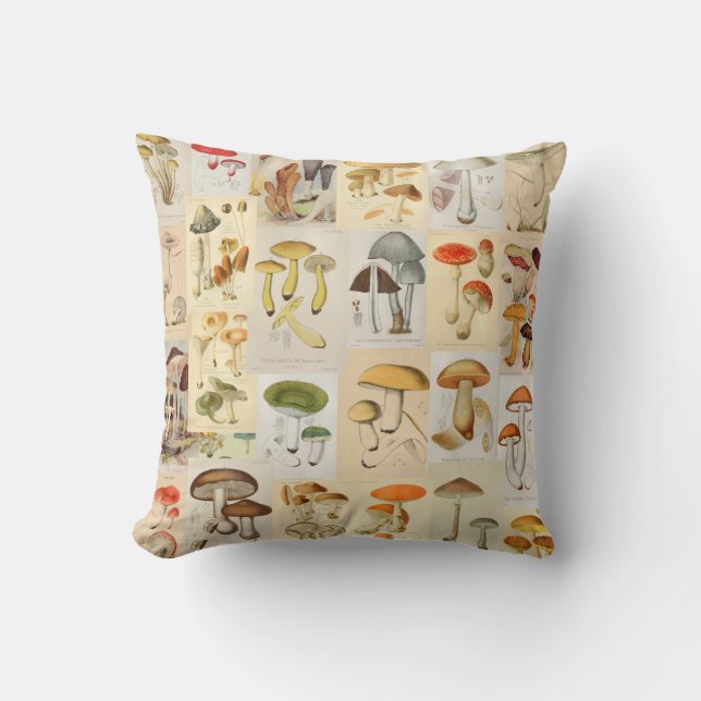 Tekenbotanische afbeelding van paddenstoel Collage Kussen (Voorkant)