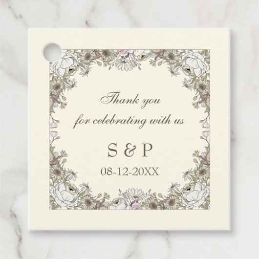 Tekenen bloemen ivoor romantische bruiloft bedankjes labels (Voorkant)