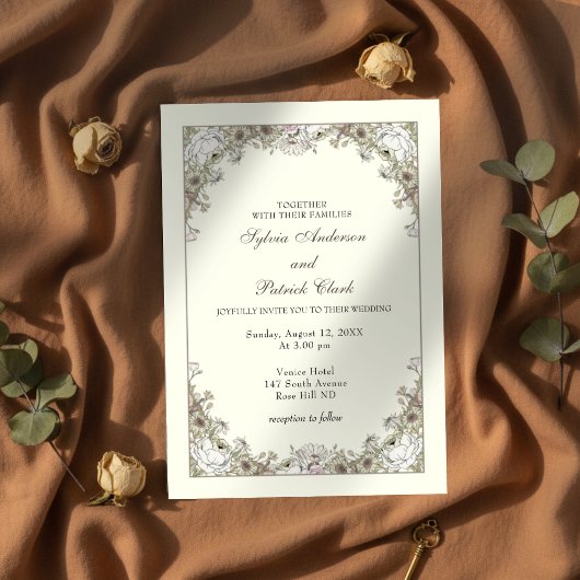 Tekenen bloemen ivoor romantische bruiloft kaart