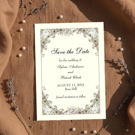 Tekenen bloemen ivoor romantische bruiloft save the date