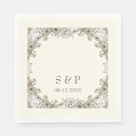 Tekenen bloemen ivoor romantische bruiloft servet (Voorkant)