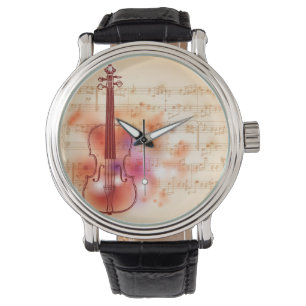 Tekenen op waterverf achtergrond van viool horloge