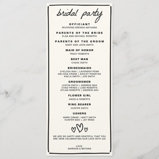 Tekenen samen bruiloft programmakaart (Achterkant)