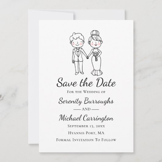 Tekenfilm Bruid Bruidegom Trouwen Datum Reservere Kaart (Voorkant)