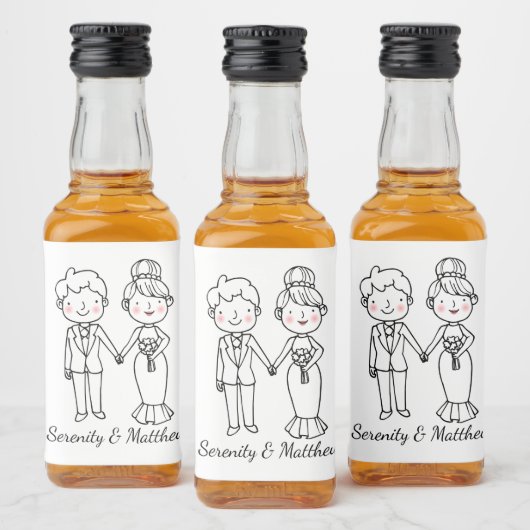 Tekenfilm Bruid Bruidegom Whimsical Zwart Wit Trou Likeurfles Etiket (Flessen)