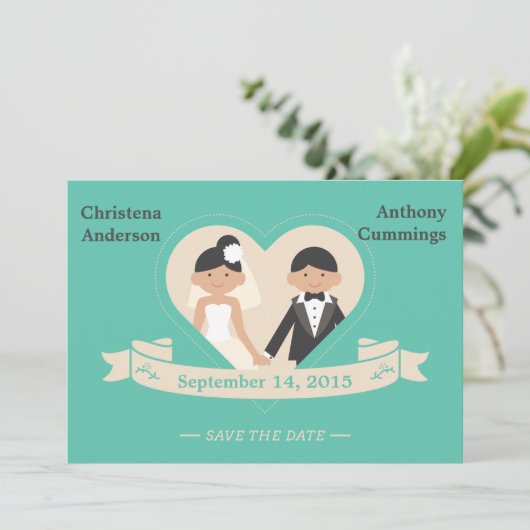 Tekenfilm Koppel Save The Date Aankondiging (CA) (Staand voorkant)