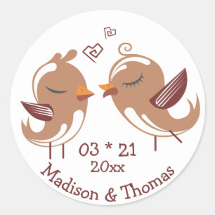 Tekenfilm Liefdesvogels Persoonlijke Bruine Huweli Ronde Sticker