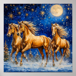 🌟 Tekenfilm Paarden Onder Sterrennachtelijke Heme Poster