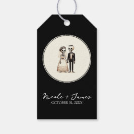 Tekenfilm skelet bruid + bruidegom grillige bruilo cadeaulabel