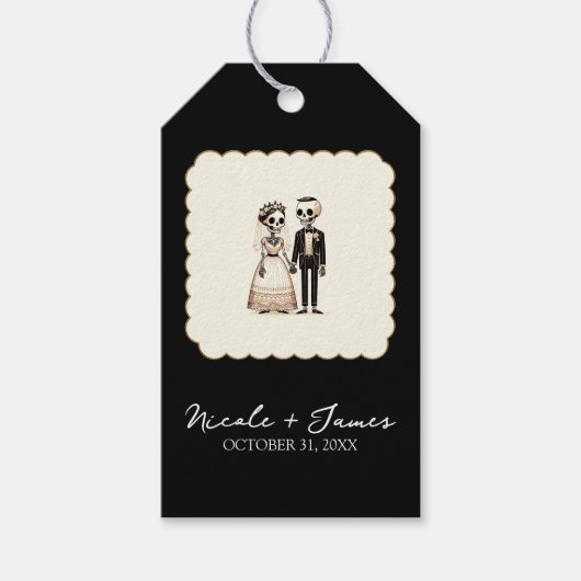 Tekenfilm skelet bruid + bruidegom grillige bruilo cadeaulabel (Voorkant)