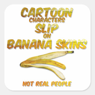 Tekenfilmfiguren glijden op bananenschillen vierkante sticker
