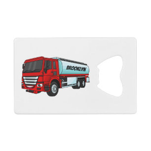 Tekenfilmillustratie van brandstoftankwagen creditkaart flessenopener