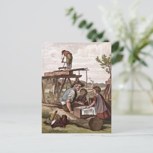 tekening: Bouwwerkers Briefkaart (Staand voorkant)