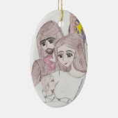 Tekening in gekleurd potlood van de geboorte keramisch ornament (Rechts)