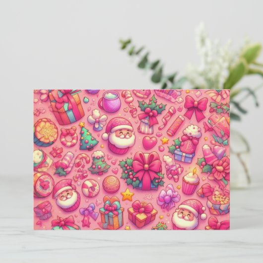 Tekening Kerstmis Motieven Roze Kaart (Staand voorkant)