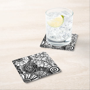 Tekening met zwarte en witte flens kartonnen onderzetters