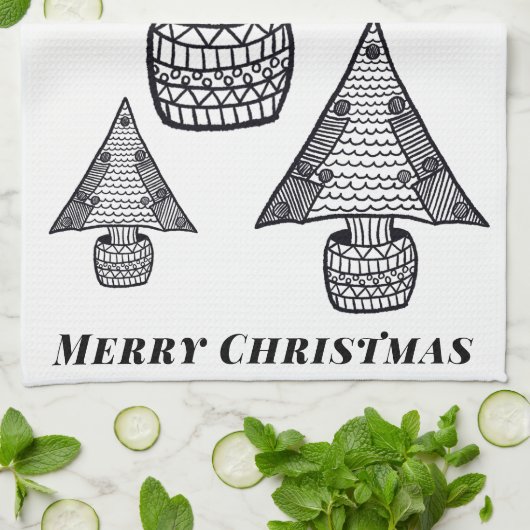 Tekening met zwarte en witte kerstboom theedoek (Gevouwen)