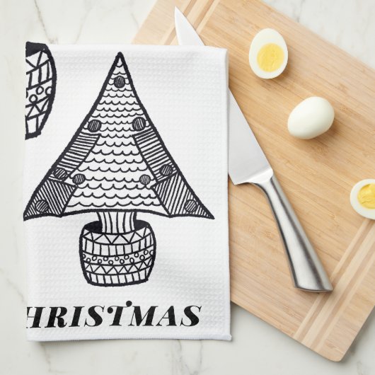 Tekening met zwarte en witte kerstboom theedoek (Quarter Fold)