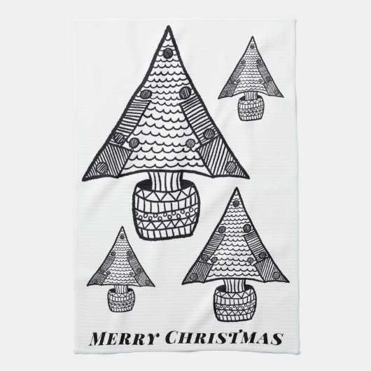 Tekening met zwarte en witte kerstboom theedoek (Verticaal)