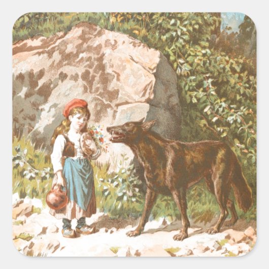  tekening: Red Riding Hood en de Wolf Vierkante Sticker (Voorkant)