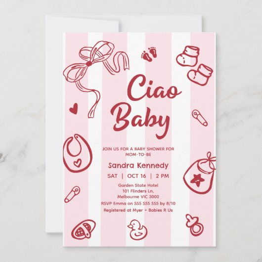 Tekening Rood Roze Baby Items Ciao Baby Baby showe Kaart (Voorkant)
