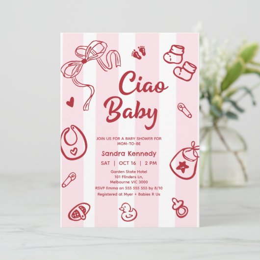 Tekening Rood Roze Baby Items Ciao Baby Baby showe Kaart (Staand voorkant)
