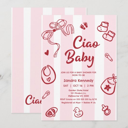 Tekening Rood Roze Baby Items Ciao Baby Baby showe Kaart (Voorkant / Achterkant)