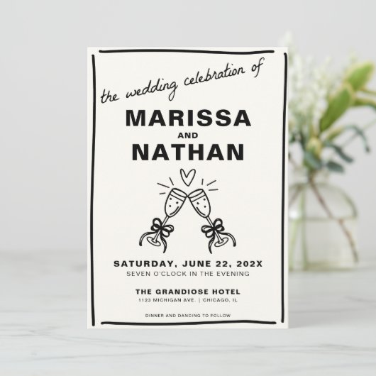 Tekening samen Champagne foto bruiloft uitnodiging (Staand voorkant)