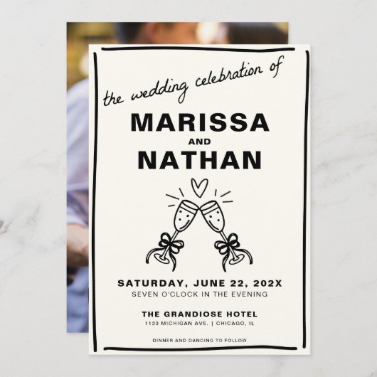 Tekening samen Champagne foto bruiloft uitnodiging (Voorkant / Achterkant)
