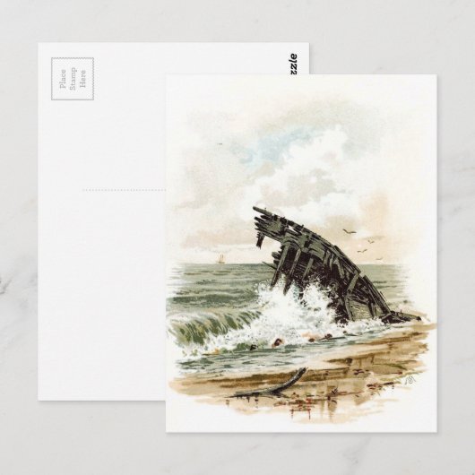  tekening: Scheepswrak op strand Briefkaart (Voorkant / Achterkant)
