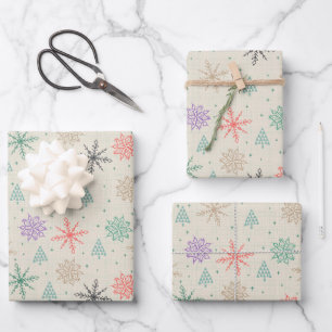 Tekening Snowflakes kerstbomen Multicolor Snow Inpakpapier Vel