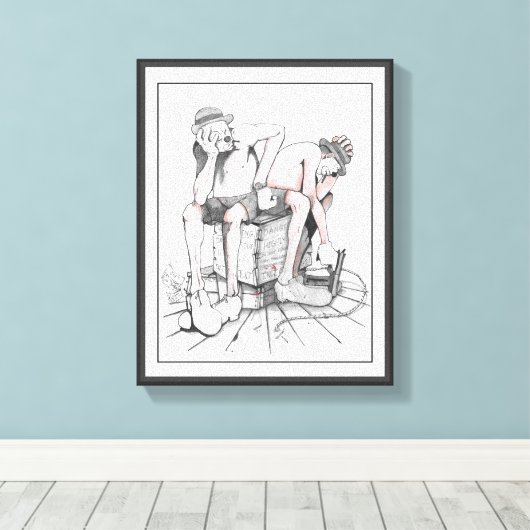 Tekening, twee clowns bewaken T.N.T Canvas Afdruk (Insitu (Houten vloer))