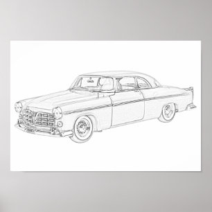 Tekening van 1955 Chrysler 300-potlood, zwart-wit Poster