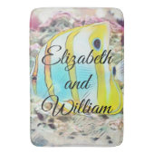  tekening van blauwe gele vis in Zee Badmat (Voorkant Verticaal)