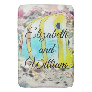 tekening van blauwe gele vis in Zee Badmat