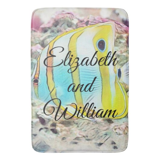  tekening van blauwe gele vis in Zee Badmat (Voorkant Verticaal)