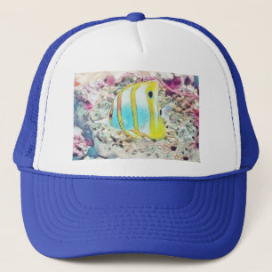  tekening van blauwe gele vis in Zee T-shirt Trucker Pet