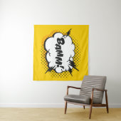 Tekening van de kunstspraak van de pop met tekst.  wandkleed (In Situ (horizontaal))