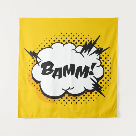 Tekening van de kunstspraak van de pop met tekst.  wandkleed (Voorkant)