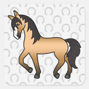 Tekening van een buckskin paard in draf in cartoon vierkante sticker