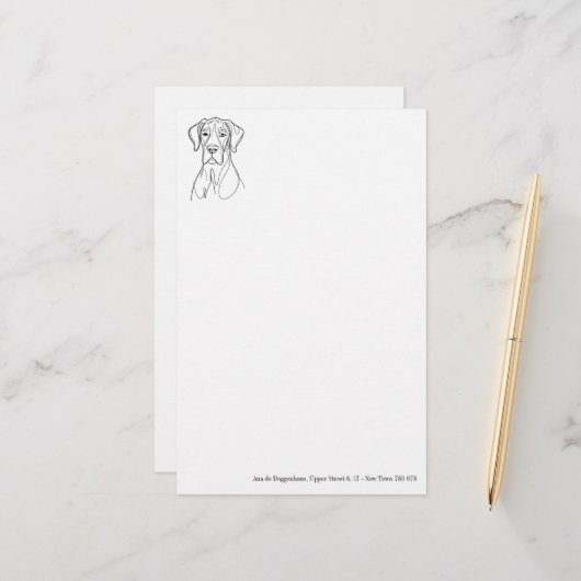 Tekening van een Deense dog met minimale kop Briefpapier (Voorkant / Achterkant in situ)