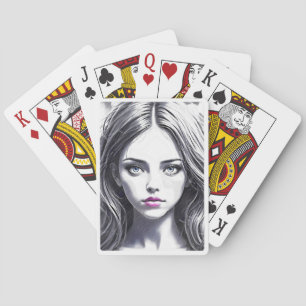 Tekening van een jong meisje met een betoverende b pokerkaarten
