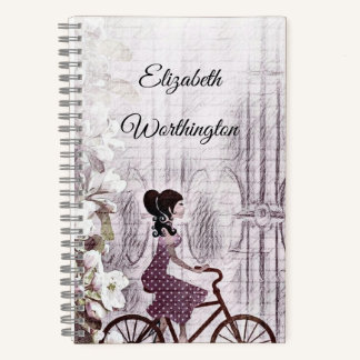 tekening van een jongedame op een fiets notitieboek