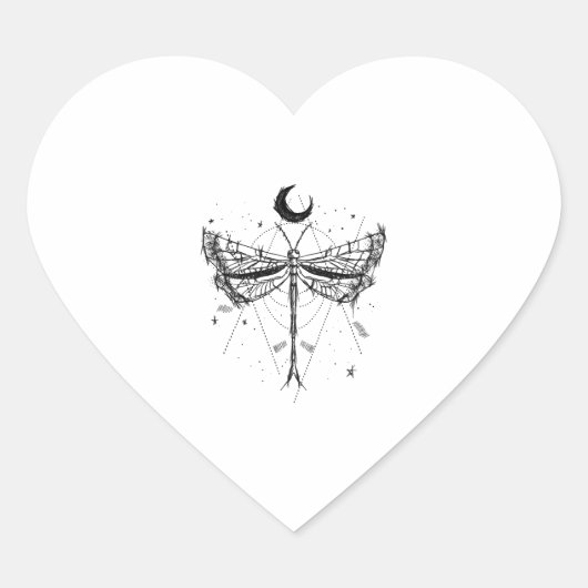 Tekening van een libel in maanlicht Boho stijl Hart Sticker (Voorkant)
