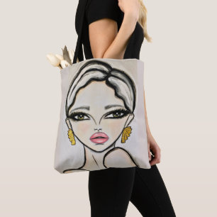 Tekening van een modern meisje roze lips tote bag