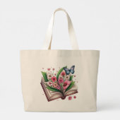 Tekening van een open boek met bloem grote tote bag (Achterkant)