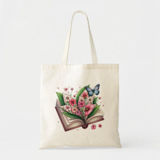 Tekening van een open boek met bloem tote bag
