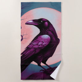 Tekening van een raaf op een grijze blauwe achterg strandlaken